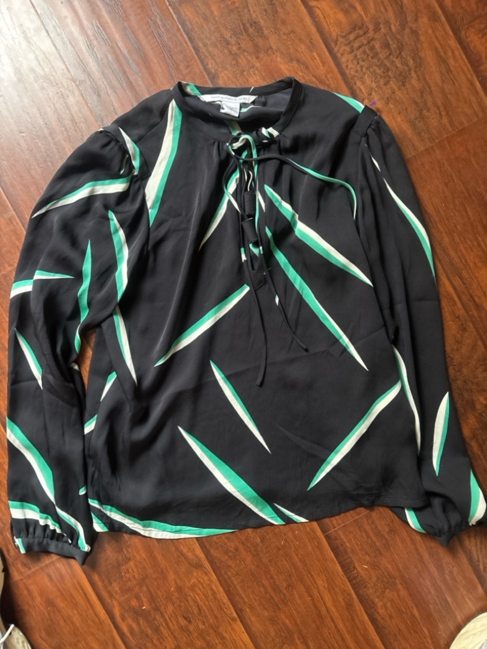 Diane von Furstenberg Black Blouse with Green & Cream Slanted Stripe Print